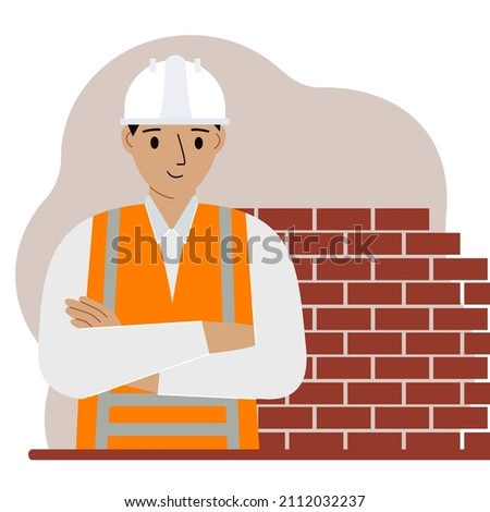 Smiling man construction worker in a white helmet and an orange vest. Vector flat illustration