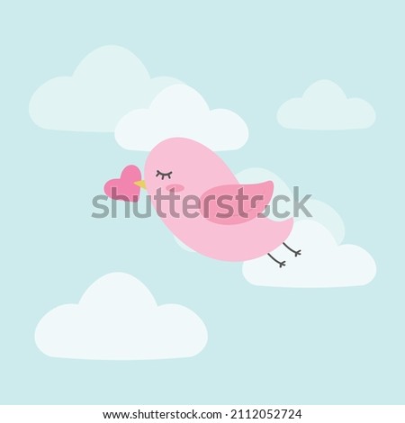 vector illustration cute pink bird flies on trouble with clouds in its beak holds heart, card. valentine's day concept, card for holiday, gift, bring valentine mail