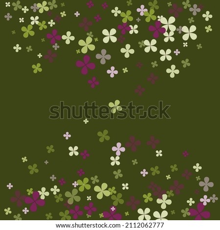 Clovers Vibrant Fourtune Nature Vivid Splatter. Bright Green Saint Patrick Purple Floral Background. Pastel Summer Simple Holidays Illustration. Greenery Lucky Dark Flowers Spring Wallpaper.