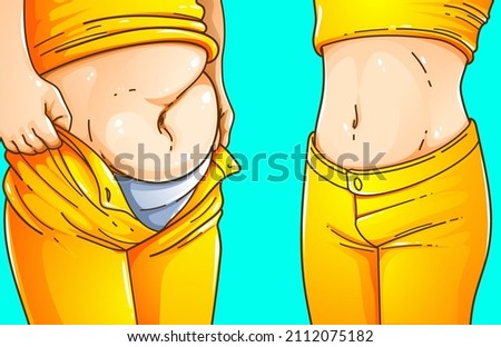 A woman's body with belly fat. Before, after. Healthcare illustration. Vector illustration.  Royalty-Free Stock Photo #2112075182