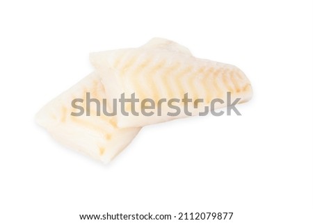 Cod fish loins two raw pieces isolated on white background.