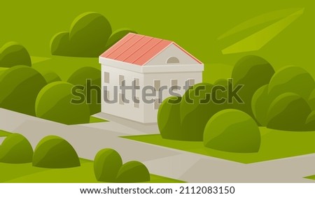 Landscape with nature and architecture. City street with houses and greenery. Area, district with residential building and green spaces. Multi-apartment buildings of different heights in town