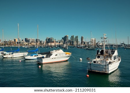 San Diego downtown with boat in bay