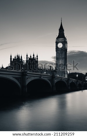 Big Ben and House of Parliament in London at dusk panorama.
