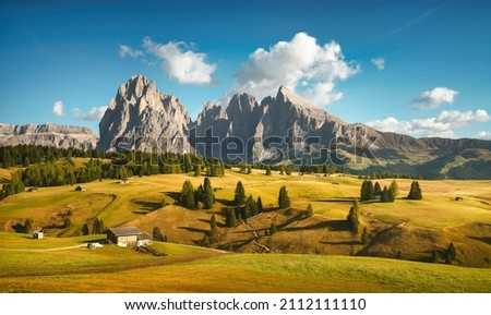 Alpe di Siusi or Seiser Alm, Dolomites Alps Sassolungo and Sassopiatto mountains, Trentino Alto Adige Sud Tyrol, Italy, Europe Royalty-Free Stock Photo #2112111110