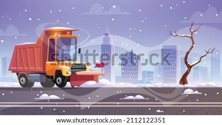 Snow plow truck cleaning on winter road Royalty-Free Stock Photo #2112122351
