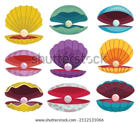 Pearls in seashell. Open seashell scallop and pearl shell icon set in various form and colors. Beautiful pearl in clam shell in cartoon flat style. Vector illustration isolated on white background Royalty-Free Stock Photo #2112131066