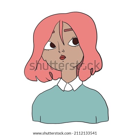 So cute nice beautiful girl with pink hair Flat illustration White background