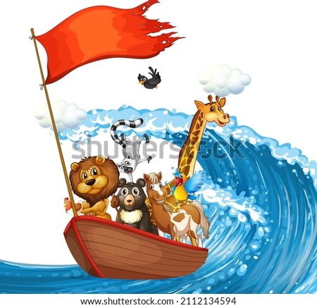 Wild animals on the ship with ocean wave illustration