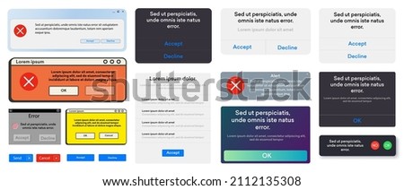 Various notification window templates. The layout of the smartphone warning or message interface. Windows of websites and applications. Vector illustration Royalty-Free Stock Photo #2112135308