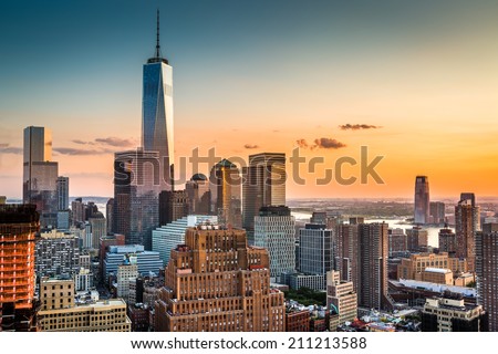 Lower Manhattan skyline at sunset Royalty-Free Stock Photo #211213588
