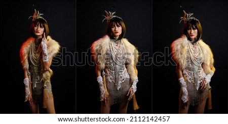 Retro vintage portrait of beautiful Gatsby woman stand look around, wait coming train for lover, feeling expression face romantic fashion style at studio black background, Gatsby old fashion concept Royalty-Free Stock Photo #2112142457