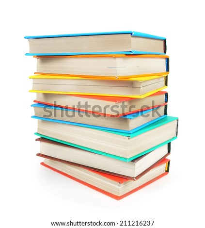 Multi-coloured books. On a white background.