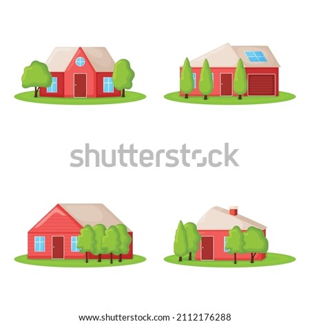 Set of cute red country house with tree, summer cottage building on green field modern cartoon vector illustration, isolated on white. Cozy outdoor place to live.