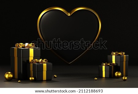 3D rendering  Happy Valentine's Day Podium Display, three-dimensional gift box object Black heart on Black Background, horizontal image wallpaper