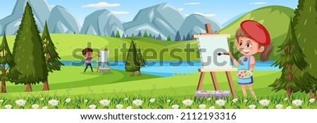Panorama landscape scene with an artist girl painting at the park illustration
