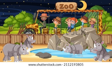 Safari at night scene with many kids watching leopard group illustration