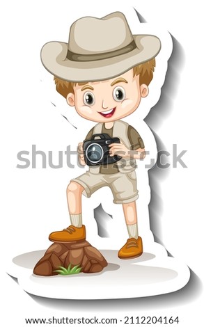 A sticker template with a boy in safari outfit holding camera cartoon character illustration
