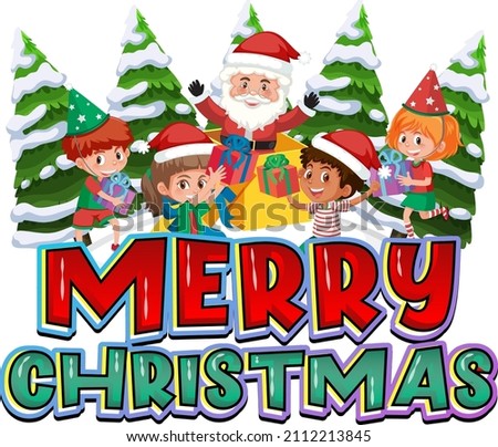 Merry Christmas logo design with happy children illustration