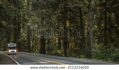 Modern Motorhome Class C Camper Van Recreational Vehicle on the Scenic Woodland Highway. American Road Trip Theme. Royalty-Free Stock Photo #2112216020