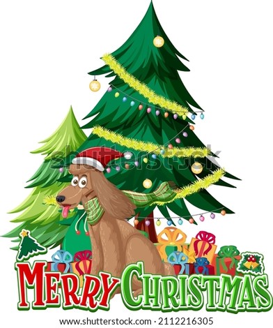 Merry Christmas text logo with Christmas tree and cute dog illustration