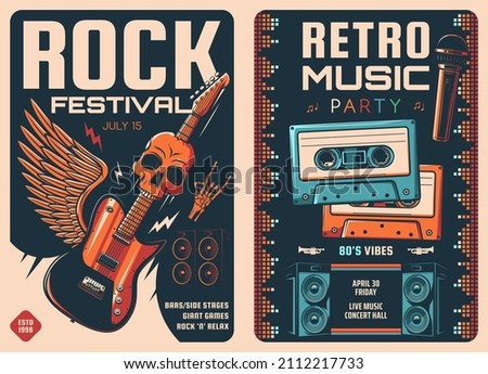 Rock festival and retro music party posters of vector microphone and electric guitar with skull and wing. Old cassette tapes, loudspeakers, equalizer sound waves and lightnings invitation banners