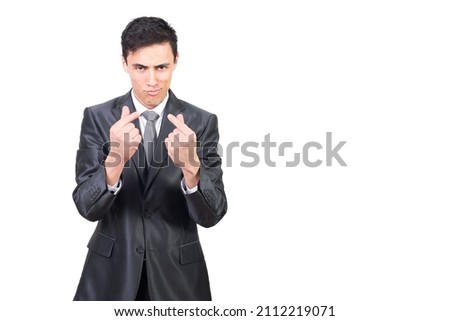 Man in suit showing money gesture and asking for salary