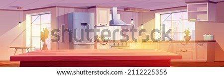 Retro kitchen empty light interior with wooden table, furniture and appliances. Oven, range hood refrigerator. Vintage cooking room in apartment illuminated with sunlight, Cartoon vector illustration Royalty-Free Stock Photo #2112225356