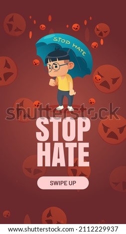 Stop Hate, protest poster against racism, violence, hatred and discrimination. Vector social media template with cartoon illustration of asian boy with umbrella under rain  Royalty-Free Stock Photo #2112229937