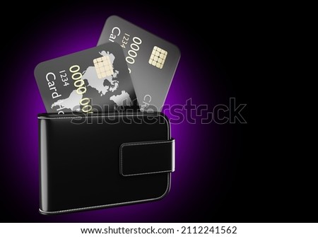 Wallet and credit cards. Use of banking products. Card for non-cash payments with map of world. Dark bank cards in purse. Wallet on black background. Bank debit products. 3d rendering.
