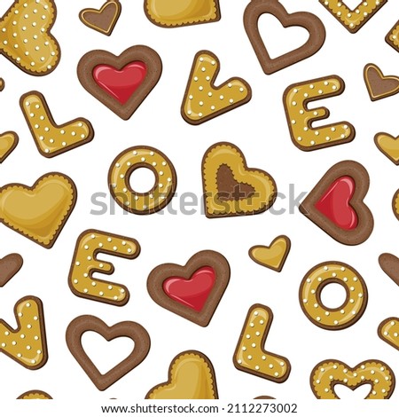 Vector seamless pattern of chocolate cookies in the form of hearts and letters love in gold glaze and with red jam isolated on white background.