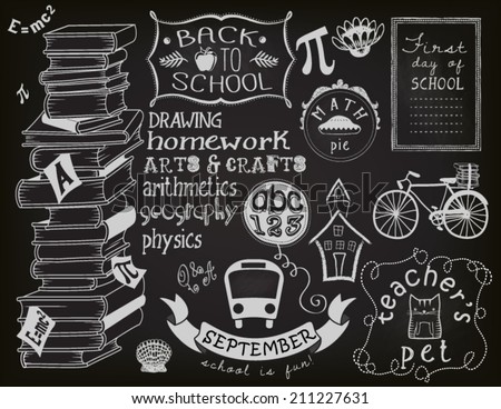 Back to school chalkboard, objects and symbols, including books, teacher's pet, bus, cartoon building, apple, bike and different frames and swirls