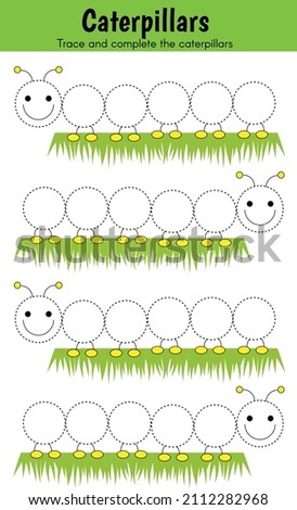 Handwriting practice sheet, trace the circles and complete the caterpillars in the activity sheet. Simple worksheet for preschool kindergarten kids to improve basic writing and cognitive skills.