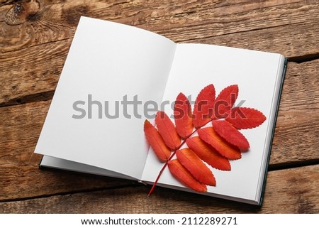 Opened book with blank pages and branch with autumn leaves on wooden background