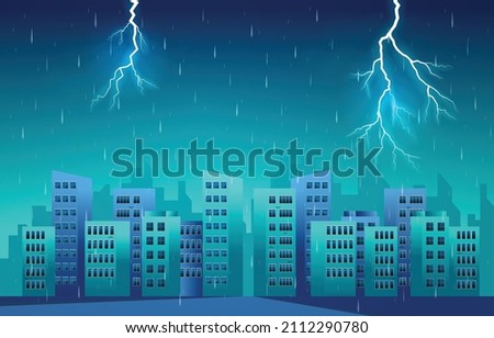 Thunder Storm Lightning Rainy Weather City Building Skyline Cityscape Illustration Royalty-Free Stock Photo #2112290780