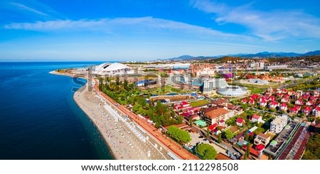 Sochi Olympic Park aerial panoramic view. Park was constructed for the 2014 Winter Olympics and Paralympics. Royalty-Free Stock Photo #2112298508