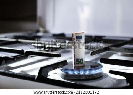 Concept of energy crisis. 50 euro bank note is burning on a kitchen stove. Cash money. High prices of natural resources. Blue flame. Utility debt. Number fifty. Energy war. Saving home budget. Finance Royalty-Free Stock Photo #2112301172