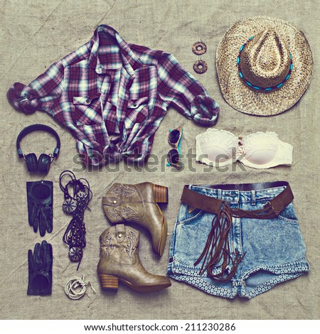 Set of clothing in cowboy retro style on vintage background