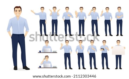 Handsome business young man in blue shirt. Different poses set. Various gestures male character standing and sitting at the desk isolated vector illustration Royalty-Free Stock Photo #2112303446