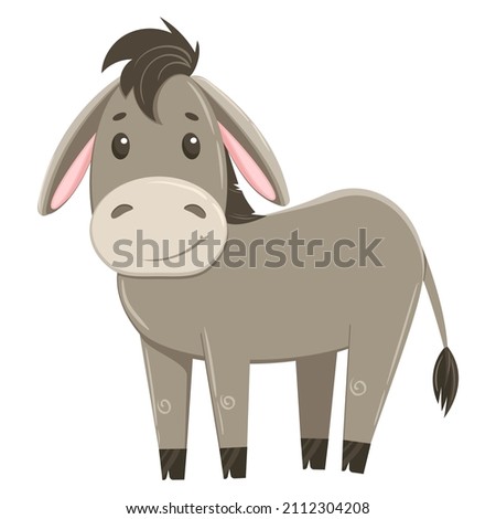 Cute donkey vector illustration, isolated on white background. Donkey in flat style, rural farming, can be used for kids cards or posters. Royalty-Free Stock Photo #2112304208