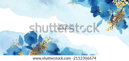 Luxury abstract art botanical composition. Spring minimal design in blue and golden shades. Watercolor flowers, plants, leaves.