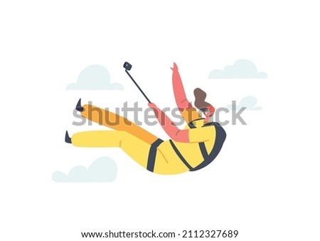 Parachute Jumping Extreme, Skydiver Female Character Making Jump and Record Video on Smartphone. Parachuting Xtreme Sport Activity, Recreation. Skydiving Protracted Flight. Cartoon Vector Illustration