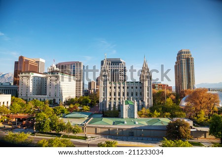 Salt Lake City panoramic overview in the evening Royalty-Free Stock Photo #211233034