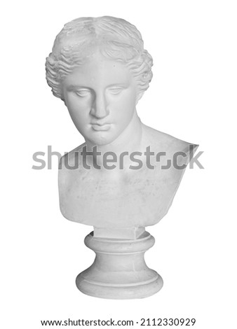 Gypsum copy of ancient statue Venus head isolated on white background. Plaster sculpture woman face