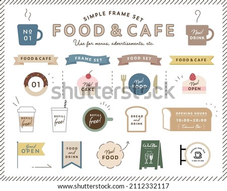 A set of simple, flat frame and decorative illustrations that can be used for advertising cafes and restaurants.
There are illustrations of coffee, cake, bread, signs, etc. Royalty-Free Stock Photo #2112332117