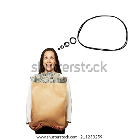excited young woman holding paper bag with money over white background. concept photo with drawing speech bubble