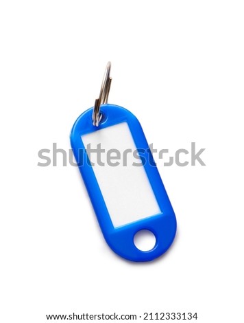 Plastic key tag on white background