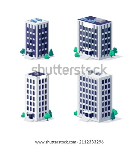 Office city residence apartment house urban modern buildings town illustrations in 3d dimetric isometric view. Suburban hotel skyscraper real estate with solar panels. Isolated vector illustration. Royalty-Free Stock Photo #2112333296