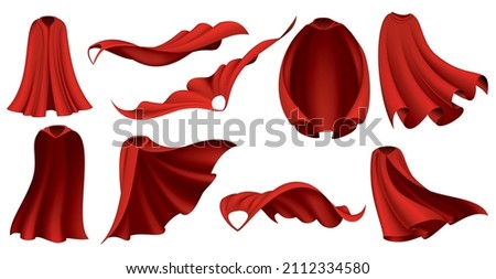 Superhero red capes. Carnival masquerade dress, 3d realistic costume design. Scarlet fabric silk cloak in different position, front, side and top view. Flying Mantle costume Royalty-Free Stock Photo #2112334580