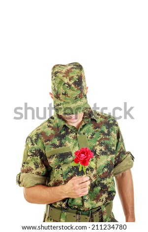 Make love not war, Romantic soldier holding rose